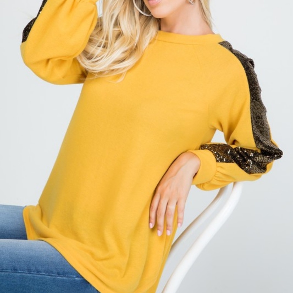 Mustard soft brushed top w/ sequin sleeves - Picture 7 of 9